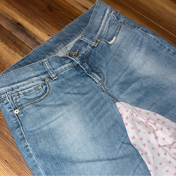 Upcycled United Colors Of Benetton Denim Skirt Pink Floral Fabric 30in Waist - Picture 6 of 13